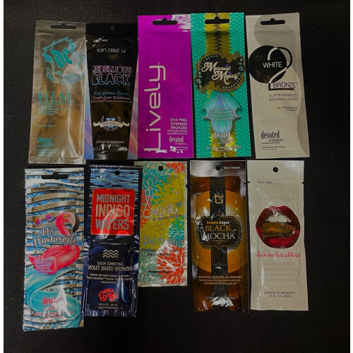 Supre 10 ASSORTED TANNING BED LOTION PACKETS, Tingle Free, Brown
