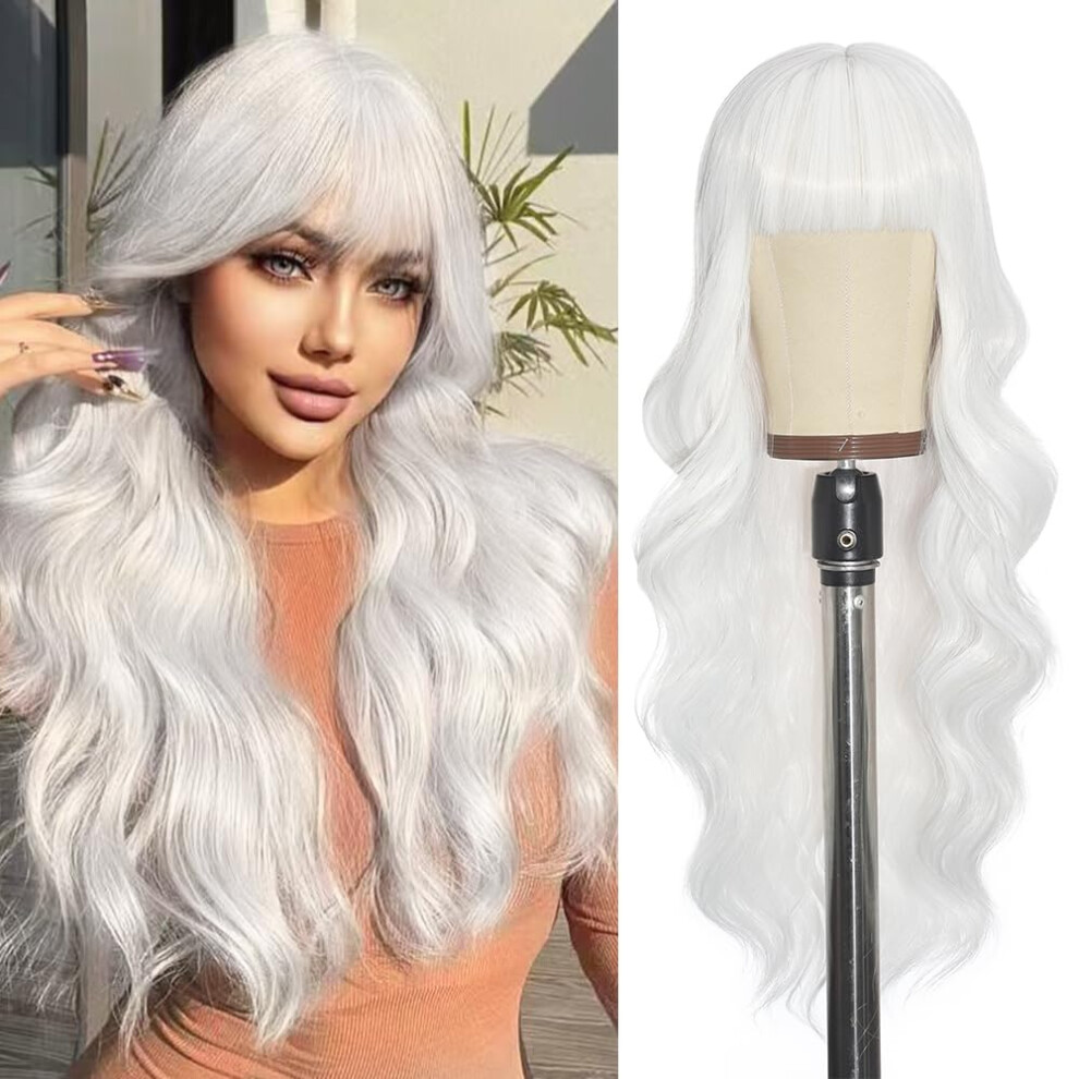 Unnymger Unisex White Wigs With Bangs Long Curly Wavy Wig For Women Long Wavy Wig Wear And Go Natural Synthetic Wigs For Daily Party Use 26In