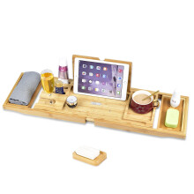Extendable Bamboo Bath Tray with Glass Holder, Bamboo Bath Tray with Soap Dish and iPad Stand
