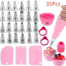 Spritztüllen, 24 Düsen, Spritzbeutel, Adapter, Teigschaber, Backzubehör – 35-teilig, Rosa