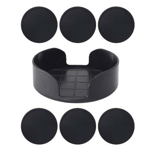 6Pcs Nonslip Silicone Round Drink Coasters with Holder-Black