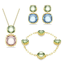 (15155) Original 2026 Fine Jewelry Set for Women Green Crystal Pink Crystal Geometric Bracelet Octagonal Cut Crystal Romantic Gift