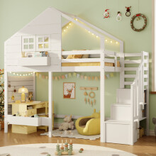Kid's Bunk Bed with Window & Storage Stairs, White