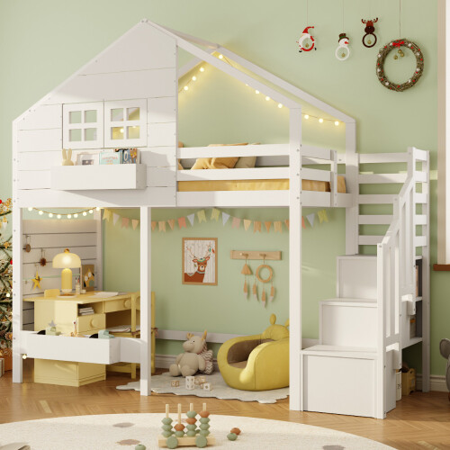 Kid's Bunk Bed with Window & Storage Stairs, White