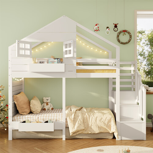 Kid's Bunk Bed with Window & Storage Stairs, White 2