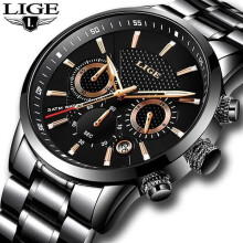 LIGE Herrenuhr, wasserdichte analoge Quarz-Sportuhr, Edelstahl, für Business, Schwarz