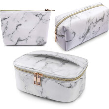 Rejse makeup organizer, flot design, 3-delt marmorprint sæt til kvinders daglige makeup, smykker, elektronik og toiletartikler (bærbar,