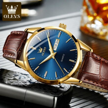 OLEVS Herrenuhr – Quarz – Doppelkalender – Braunes Armband – Wasserdicht – Blaues Zifferblatt