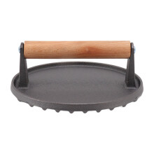 Herramienta de hierro fundido para aplastar hamburguesas con mango de madera natural para una distribución uniforme de la presión, crea bordes