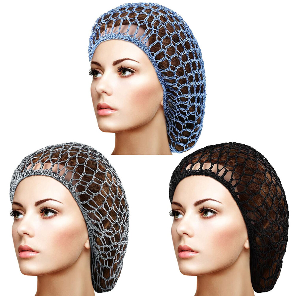 Zytweed Black/Blue/Gray 3Pieces Mesh Crochet Hair Net Crocheted Hair Net Cap Rayon Snood Hat Thick Short Women Hairnet Snoods Cover Ornament For Sleeping