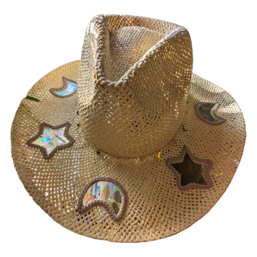 Western Sun Hat with Prism Rainbow Effects-Beige braided