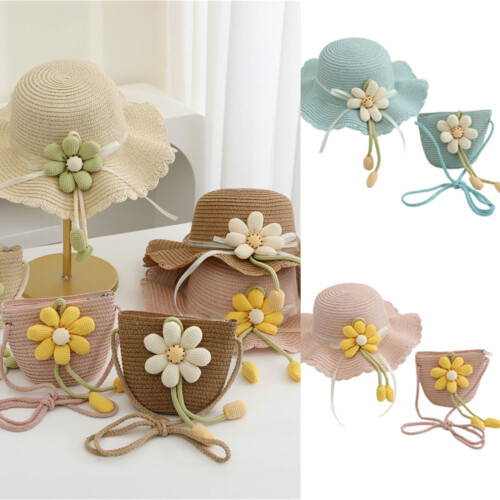 Ensemble chapeau et sac à main d'été pour enfants,-Rose 2