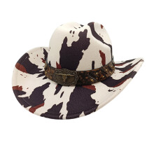 Chapeau occidental élégant avec ceinture-Motif vache beige