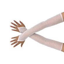 Elegant Fingerless Gloves Sheer Arm Sleeves With Crystal-White
