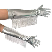 Sprankelende zilveren handschoenen met kwastjes, lange