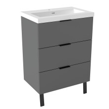 600mm Matt Grey Bathroom Vanity Unit with Wash Resin Basin Floor Standing Storage Cabinet 3 Drawers