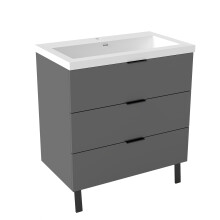 800mm Matt Grey Bathroom Vanity Unit with Wash Resin Basin Floor Standing Storage Cabinet 3 Drawer