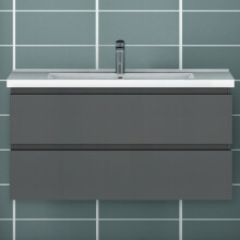 1000mm Bathroom Vanity Unit With Wash Basin Ceramic Sink, 2 Drawers, High Gloss Grey, Cloakroom Storage Furniture Under Basin Cabinet