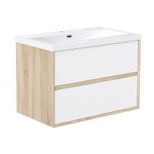 Aica 800mm Matt White Oak Bathroom Vanity Unit with Wash Resin Sink Wall Hung Storage Cabinet 2 Drawers
