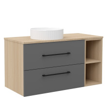 1000mm Vanity Unit with Ceramic Sink Wall Hung Bathroom Cabinet Two Drawers Shelf Grey and Oak