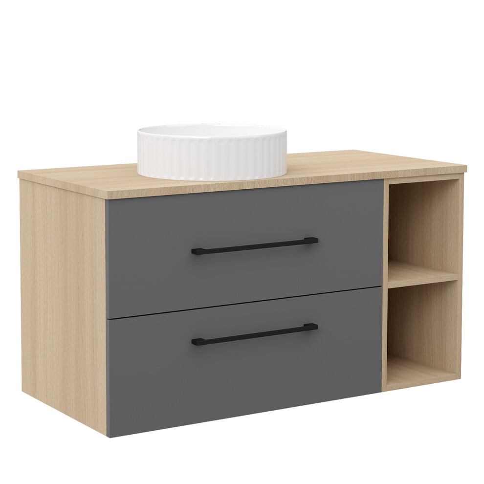 Aica 1000Mm Vanity Unit With Ceramic Sink Wall Hung Bathroom Cabinet Two Drawers Shelf And Oak Grey