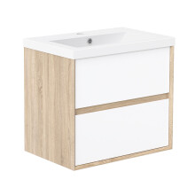 Aica 600mm Matt White Oak Bathroom Vanity Unit with Wash Resin Basin Wall Hung Storage Cabinet 2 Drawers