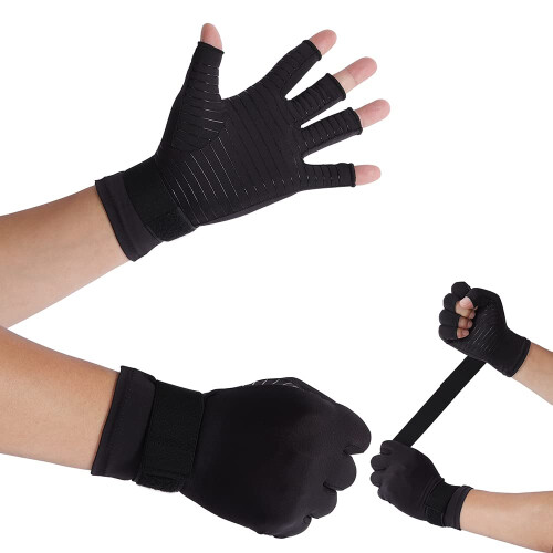 Copper Compression Gloves with Straps, for Carpal Tunnel, Arthritis (M)