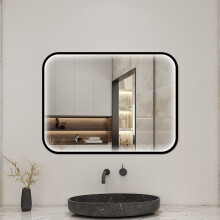 Black Frame LED Bathroom Mirror Illuminated Wall Mirror with Dimmable 3 Color Lights Touch Switch Wall Switch 90x70cm