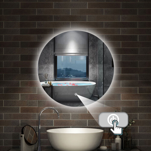 AICA Backlit LED Bathroom Mirror 80cm Illuminated Round Wall Mirror with Dimmable Lights Touch Switch Wall Switch 1