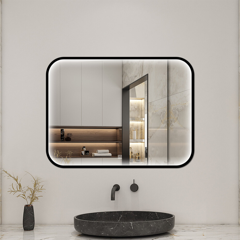Aica Frame Led Bathroom Mirror Illuminated Wall Mirror With Dimmable 3 Color Lights Touch Switch Wall Switch 70X50cm Black