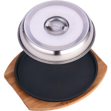 Korean BBQ Grill Pan, Metal Steak Plates, Pan Lid, Japanese Steak Plate, Cooker, Grill, Bamboo Base Ref: 2927