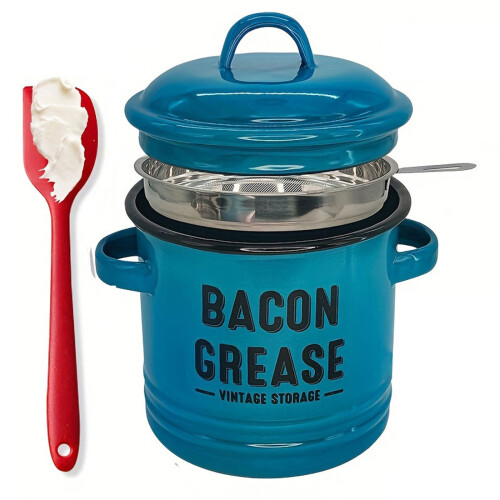 Farmhouse Enamel Bacons Grease Keeper Jar-Blue Filter scraper
