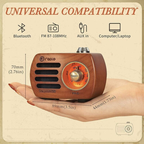 Φορητό ραδιόφωνο Bluetooth5.0 Vintage, ηχείο από φυσικό ξύλο κερασιάς με ραδιόφωνο FM για 1