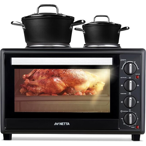 PRODEX Electric Mini Oven 45L with Double Hotplate, Grill, Multiple Cooking Functions, Adjustable Temperature Control, 120 Minute Timer