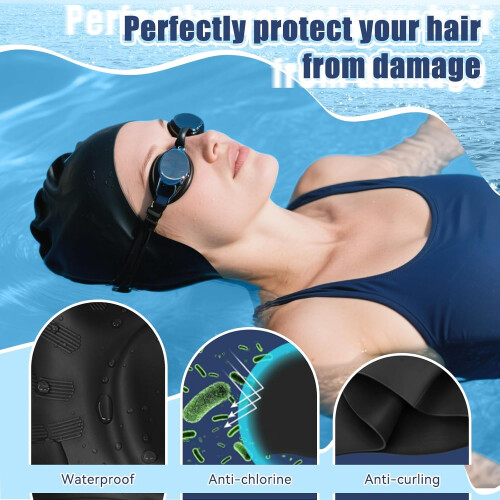 Swimming Cap, Silicone with Ear Protection, Large Black/White, 2 Pack 1