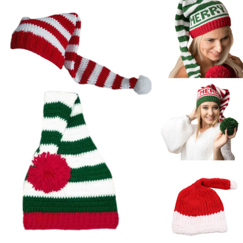 Gebreide kerstmuts voor-Witte en groene streep 1