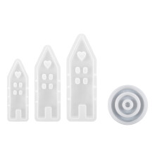 Conjunto de 4 moldes de silicone TuseRxln para castiçais, incluindo 3 moldes em formato de casinha e 1 molde redondo para vela. Ideal para uso