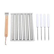 (As show, One size) Detachable Stainless Steel Hot Dog Sausage Roller Rack Steamer With Extra Long Wood Handle 4 Skewers 6 Stick Design BBQ Tools M