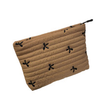 Washable Cosmetic Storage Pouches Embroidered Bowknot-Khaki