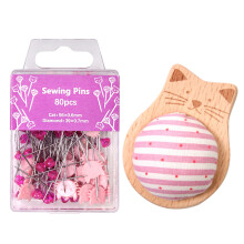 Wood Needle Pin Holder with 80 Long Quilting Pin for-Pink