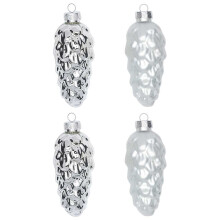 Christmas Tree Decoration Cones Glass 9 cm x 4 Pieces in Cardboard Box Christmas Baubles Silver Ref: 5421