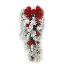 Artificial Christmas Wreath for Front Door, Outdoor Xmas Wreath with Snow-Covered Greens and Red Bowknot Ribbon, Vintage Wreath with Ribbons for Holid