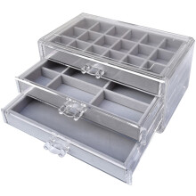 Smykkeskrin-arrangør, elegant øredobbholder, gjennomsiktig smykkedisplay, mykt fløyelsbrett, forskjellige skuffer, skuffehåndtak,