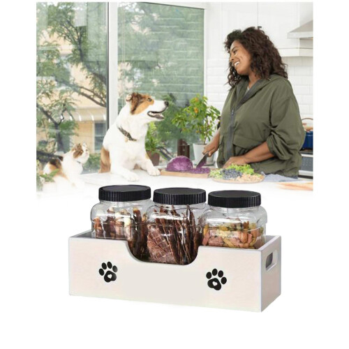 Wooden Pet Snacks Container Includes 3 Plastic Jars-Black 1