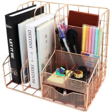 Verticale dossierhouder, roségouden bureau-organizer en accessoires voor ruimtebesparing, gemaakt van stevig stalen gaas voor duurzaamheid en