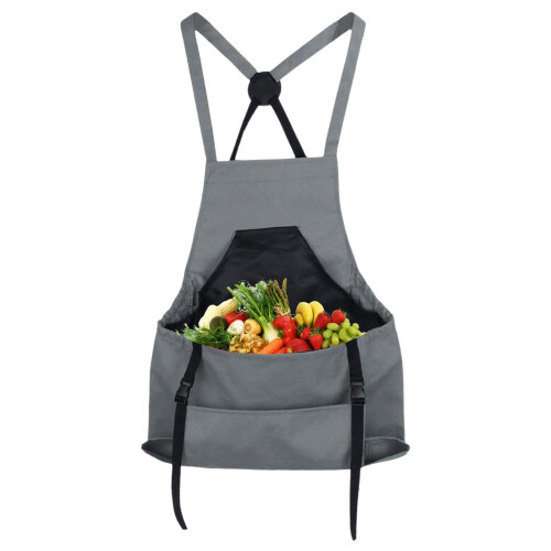 Gardening Apron, Crossover Back Design, Large Pockets, Sturdy  Comfortable, Gray