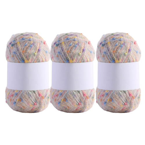 3 Rollen Häkelgarn, Regenbogenfarben, Punkte, Mohairgarn,-Creme