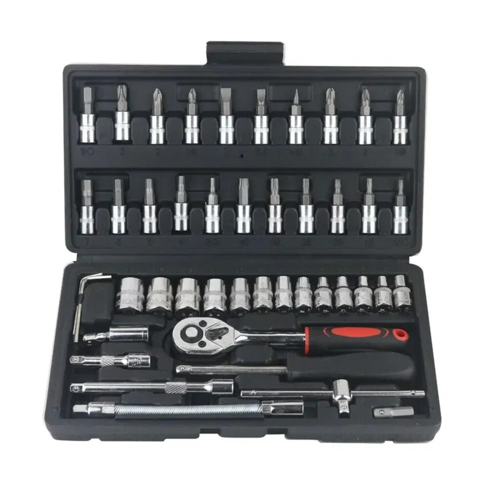 46Piece Auto Repair Tool Set, 1/4Inch Socket Wrench, Ratchet, Torque Wrench, Mechanic Tool 46Pcs Red Silver Tone Ref: 2361 9365049145114