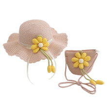 Breathable Straw Hat & Carry Bag Set For Boys Girls Sun-Pink
