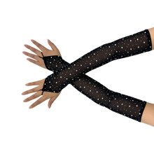 Women Sheer Long Gloves Sparkling Rhinestones Arm Sleeves-Black